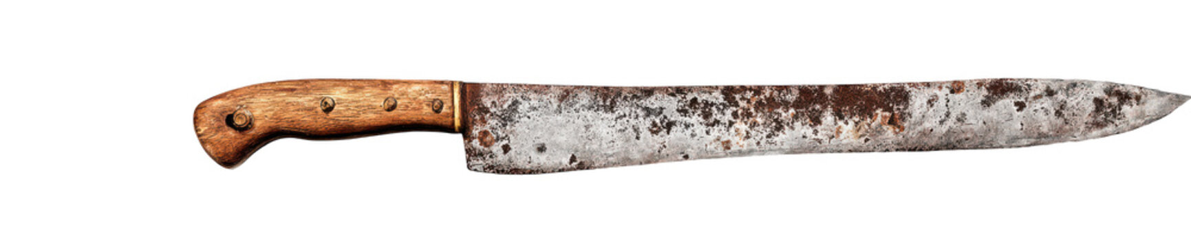 rusty old machete with a wooden handle on a white background