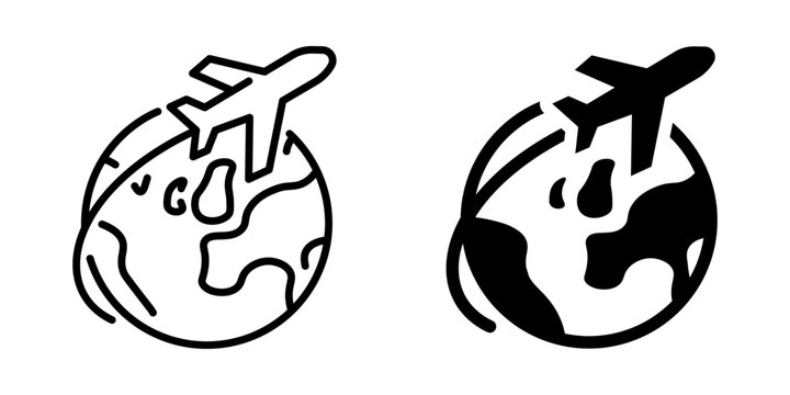Airplane over earth icon in linear and silhouette styles