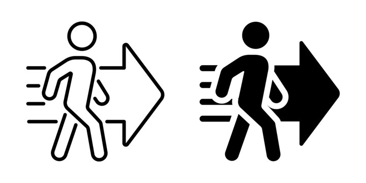 Minimalist pictogram of person walking with arrow in motion