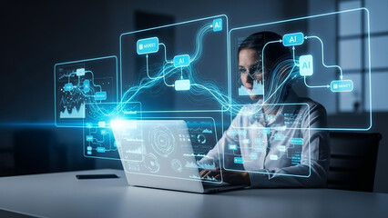 Artificial Intelligence Technology Concept with Human Collaboration, Digital Data Analysis, Neural Networks and Futuristic Smart Systems