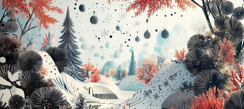 A fantasy winter valley with floating shapes, textured clouds, and soft snowfall, blending abstract patterns with natural scenery to create a calm yet imaginative surreal landscape.