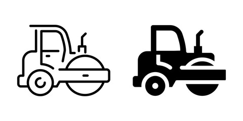 Obraz premium Side by side minimalistic outline and solid steamroller icons for construction
