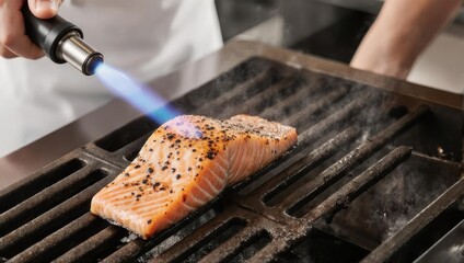 Chef using a culinary torch to sear a seasoned salmon fillet on a hot grill.