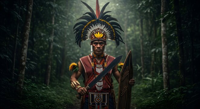 Dayak warrior wearing traditional feather headdress, holding Man