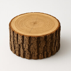 Isolated round wooden cross section of a brown box featuring a macro view of metal coins and food objects on a white background