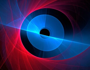 Abstract fractal with concentric blue and red rings, and intersecting neon lines on black