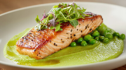 Exquisite grilled salmon steak presented on smooth pea puree. Garnished with fresh microgreens and sweet peas, this healthy seafood dish represents high-end culinary arts and fine dining recipes
