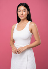 Beautiful Asian Woman with Natural Skin Care Routine on Pink Background