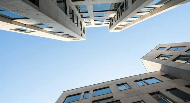 Dynamic Low-Angle View of Modern Concrete Buildings Framing a Clear Azure Sky, Architectural Geometry.