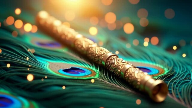 Ornate golden flute with intricate carvings resting on vibrant peacock feathers, bokeh lights background, Hindu mythology symbol, Krishna's instrument, spiritual art, elegant composition