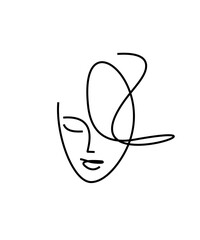 Hairstyle logo for a beauty salon. Face of a beautiful young woman with a stylized hairstyle. Female face silhouette. Cosmetology icon.