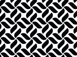 This image displays a high-contrast black and white geometric pattern. It features repeating, curved shapes that interlock to form a braided, diagonal flow across the image. The abstract and minimalis