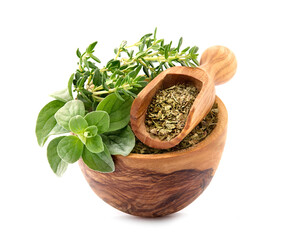 Oregano leaves and thyme isolated on white background. Herbs fresh and dry.