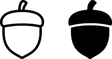 Acorn illustration icon, black and white, outline and silhouette versions © Nurhalimah
