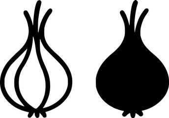 Shallot illustration icon, black and white, outline and silhouette versions