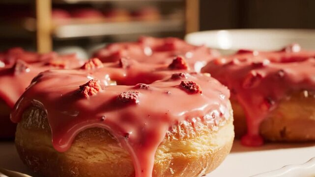 Close up of pink frosted donuts with a stream of glaze being poured on top