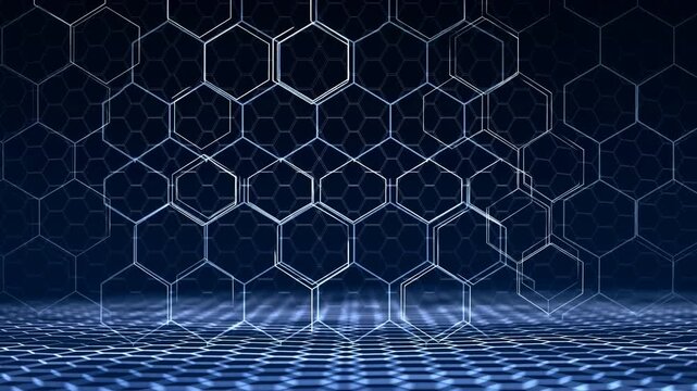 Abstract Geometric Patterns Featuring Hexagonal Shapes in a Blue Gradient Background with a Modern Tech-inspired Design for Backgrounds or Visuals