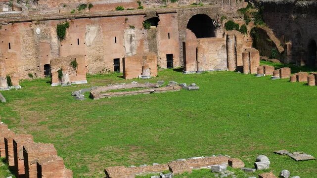 sunlit ancient roman ruin grassy arena low brick foundations arched walls dark vaulted passage opens stadio palatino view rome italy empire emperor archaeological site 