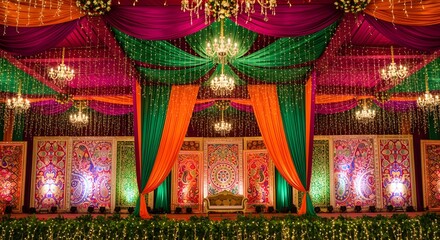 Elaborate Indian wedding Sangeet stage decoration featuring colo