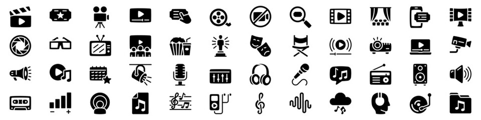Media and entertainment icons set: silhouette collection for multimedia and technology