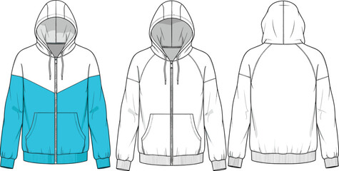 Technical flat sketch of hooded zip-up jacket with color-block and plain views, front and back, vector illustration