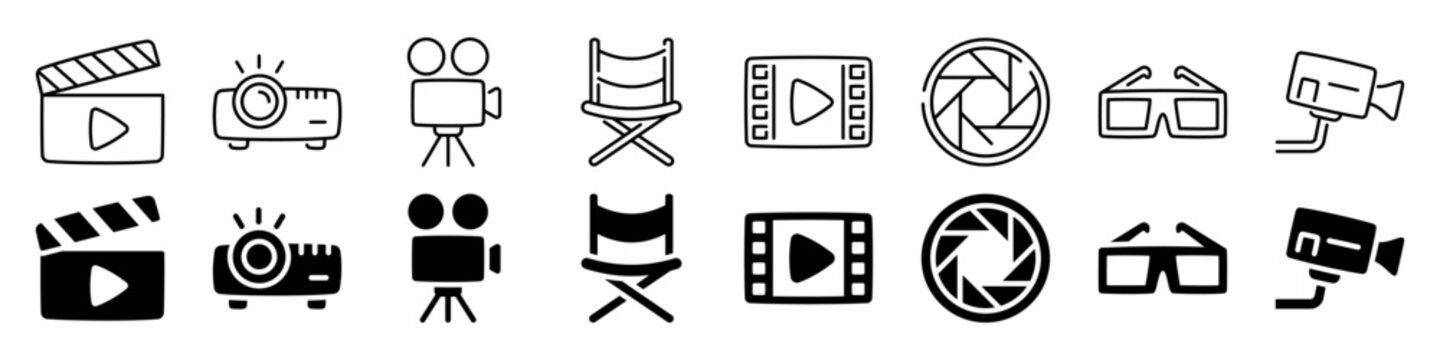 Hand-drawn cinema icons: projector, film reel, director chair, camera