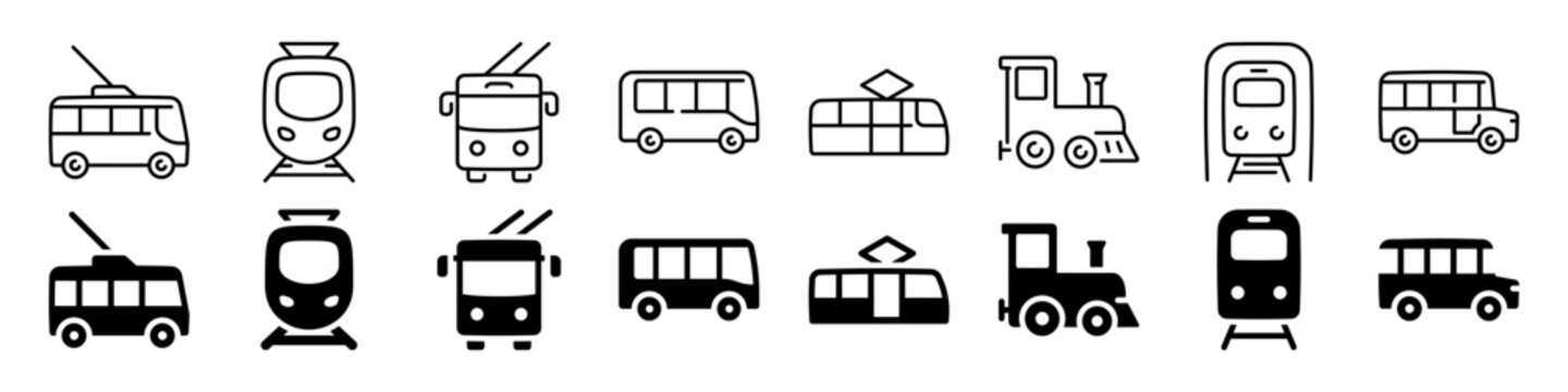 Minimalist icons of public transport vehicles: bus, tram, train