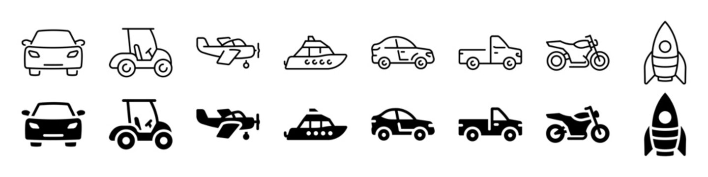 Minimalist outline and solid icons of various vehicles and transport modes