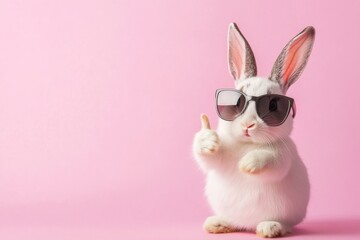 Funny easter bunny rabbit with sunglasses gives thumbs up on pink background ready for a joyful celebration and treats