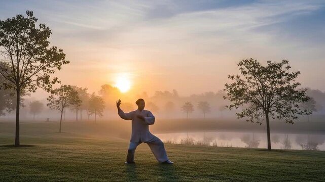 Solitary Figure Performing Fluid Tai Chi Movements in Serene Park at Misty Sunrise