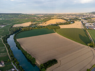 Aerial panoramic view on champagne vineyards and village Hautvillers near Epernay, Champange, France
