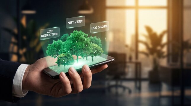 Businessman holding smartphone with digital green tree and eco-friendly terms - Powered by Adobe