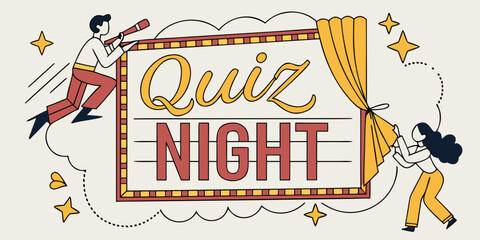 Quiz Night Illustration with Cartoon Characters and Marquee Sign