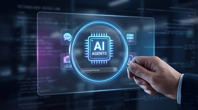 Businessman interacting with futuristic AI interface in dark modern office - Powered by Adobe