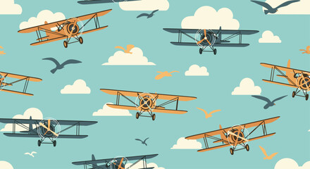 Seamless pattern with retro biplane airplanes flying among the clouds and birds in a vintage-style aviation themed background wallpaper.