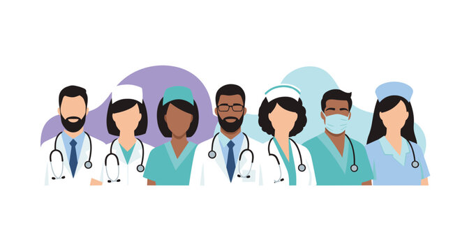 Diverse team of smiling medical professionals, including male and female doctors and nurses, standing together in unity.