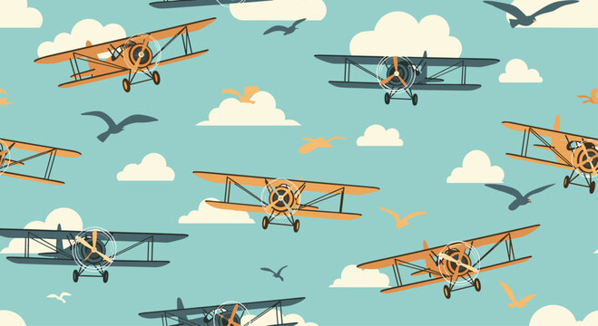 Seamless pattern with retro biplane airplanes flying among the clouds and birds in a vintage-style aviation themed background wallpaper.