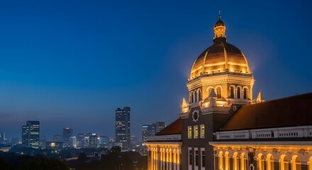 Obraz premium Gedung Sate illuminated at blue hour with Bandung city skyline i