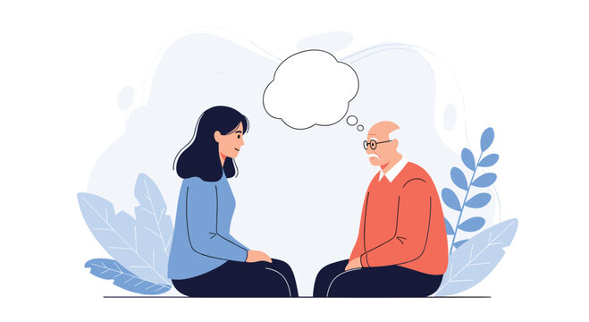 A young woman volunteer or granddaughter patiently talking and listening to an elderly man, with a thought bubble above his head. - Powered by Adobe