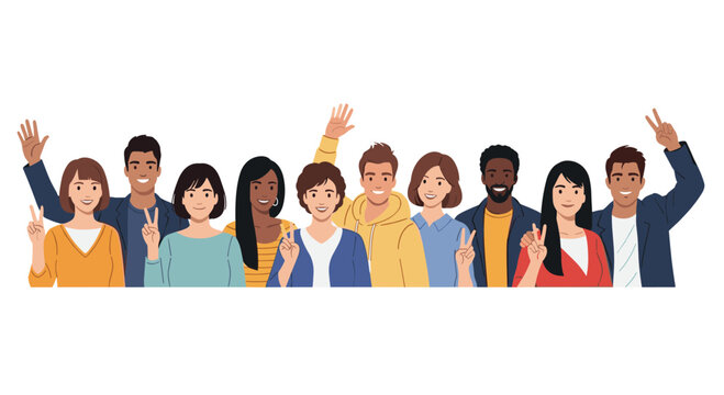 A cheerful and diverse group of young friends from different ethnic backgrounds waving and showing peace signs to the camera.