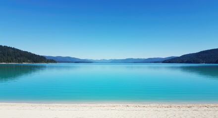 Serene turquoise lake with sandy beach and mountains
