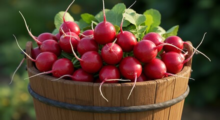 Freshly Harvested Radishes Overflowing from Rustic Wooden Bucket in Garden Setting.
