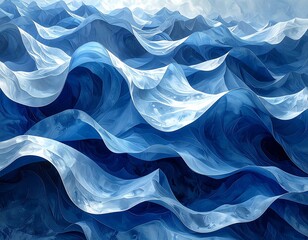 Abstract ocean waves in varying shades of blue and white, flowing with depth