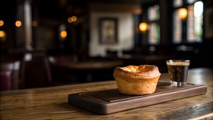 Obraz premium A Golden Yorkshire Pudding Served With A Dark Coffee On A Wooden Table At A Pub