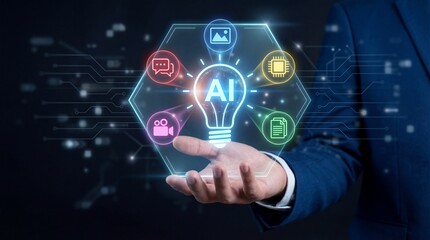 Fototapeta premium Businessman presenting innovative AI technology concept with glowing light bulb