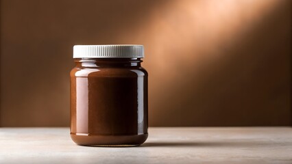Chocolate Spread Jar With White Lid On Wooden Table With Spotlight Background