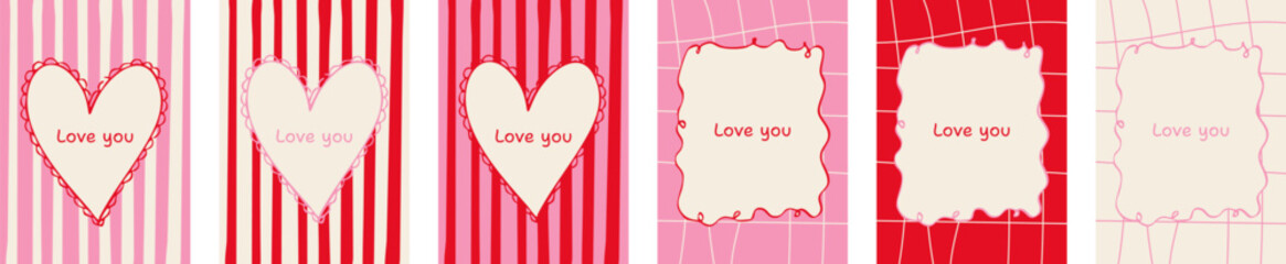 Valentines day greeting card set with heart shapes and decorative frames, love you text, red and pink romantic patterns, cute hand drawn style
