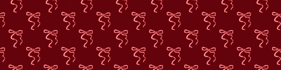Seamless Valentine&rsquo;s Day pattern with cute pink bows on deep red background, romantic repeating texture for wrapping paper, textiles, cards, and festive design