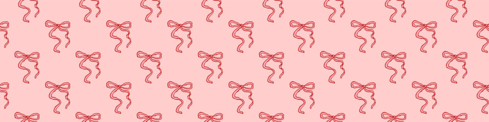 Seamless Valentine&rsquo;s Day pattern with hand-drawn red bows on soft pink background, romantic repeating texture for wrapping paper, fabric, cards, and decor