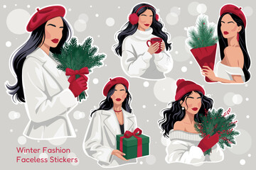 Winter fashion faceless women sticker set with cozy holiday outfits, gifts, hot drink and evergreen bouquets in red and green palette&mdash;modern vector bundle for Christmas cards, social media, planners.
